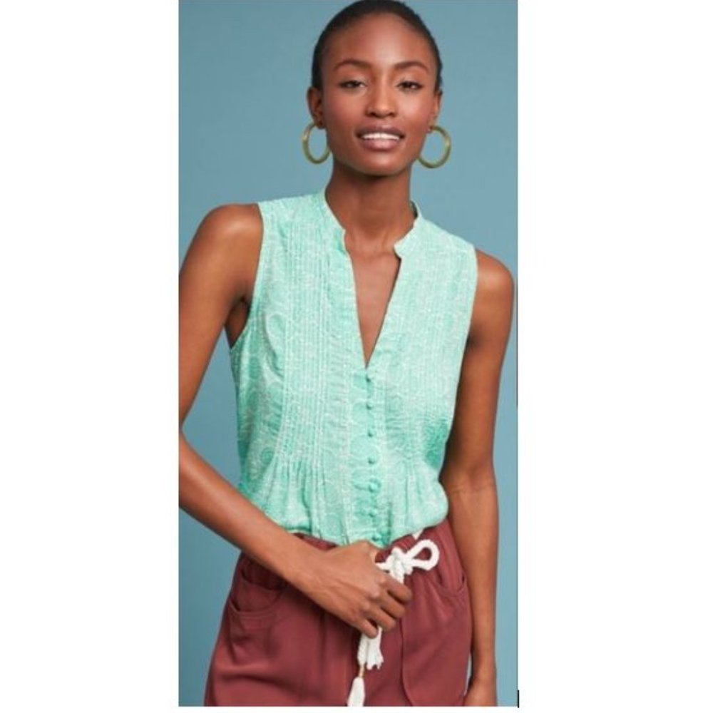 Anthropologie Petunia Pintucked Tank in Green Motif - Size Small - NWT